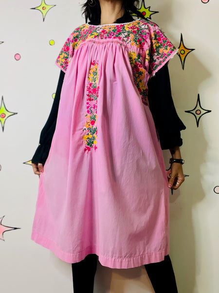 Vintage Boho Oaxacan Mexican Pink Huipil Dress - Hand Embroidered Floral M/L