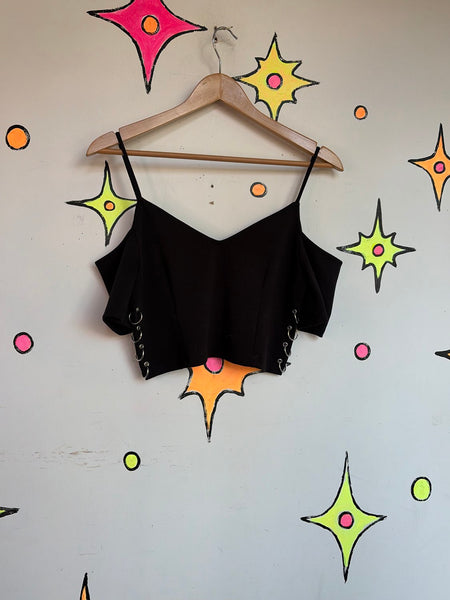Y2K Black Goth Lace-Up Side Crop Top Emo Punk Grunge Fairy Mall Goth Tee S/M