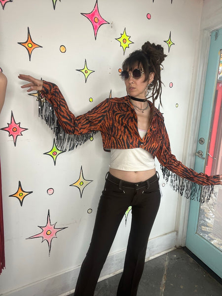 NWT Tiger Print Cowgirl Jacket Sequin Fringe Western Statement Piece Glam XL+
