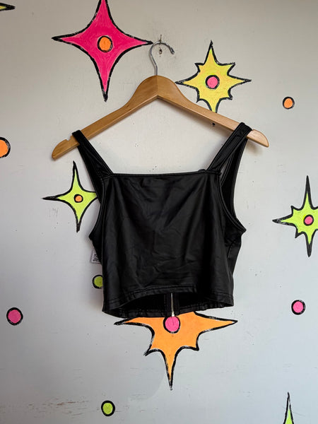 Y2K Vegan Leather Corset Top - Zip Front Punk Biker Goth Crop Top - Small