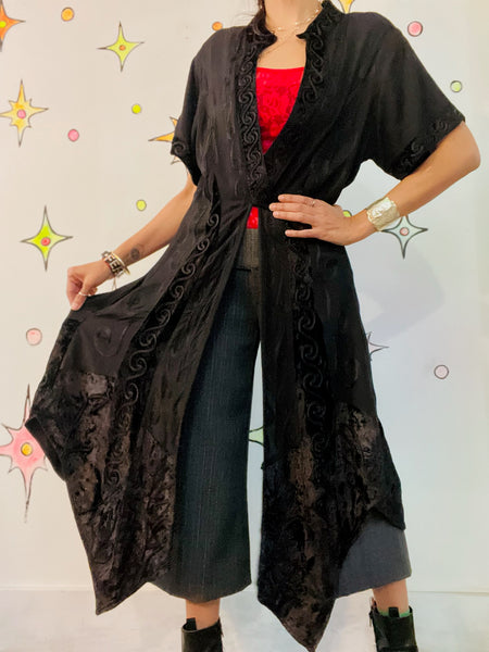Vintage Black Kimono Jacket Top Duster Whimsy Goth Witchy Boho Grunge - Size L