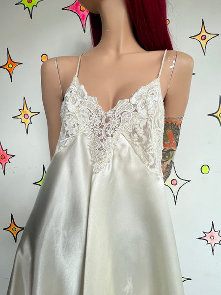 Ivory Satin & Lace Beaded Slip Dress Romantic Fairy Whimsy Grunge Mori Kei M