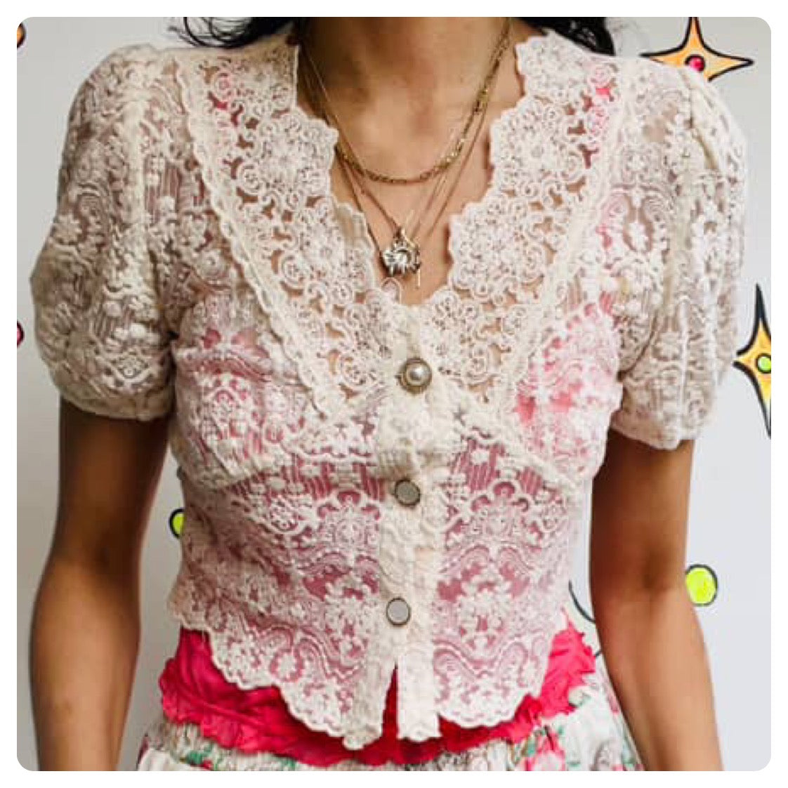 Vintage 90s | Off White Sheer Lace Rococo Babydoll Steampunk Crop Top Blouse | S