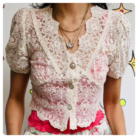 Vintage 90s | Off White Sheer Lace Rococo Babydoll Steampunk Crop Top Blouse | S