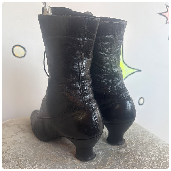 Antique Edwardian Black Leather Boots – Early 1900s Victorian US Size 5.5–6
