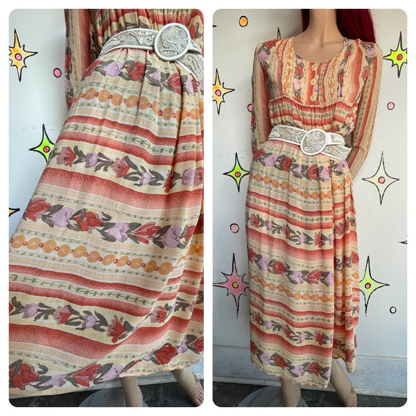 Vintage 90s Lightweight Boho Whimsy Grunge Western Folk Artisan Midi Dress S