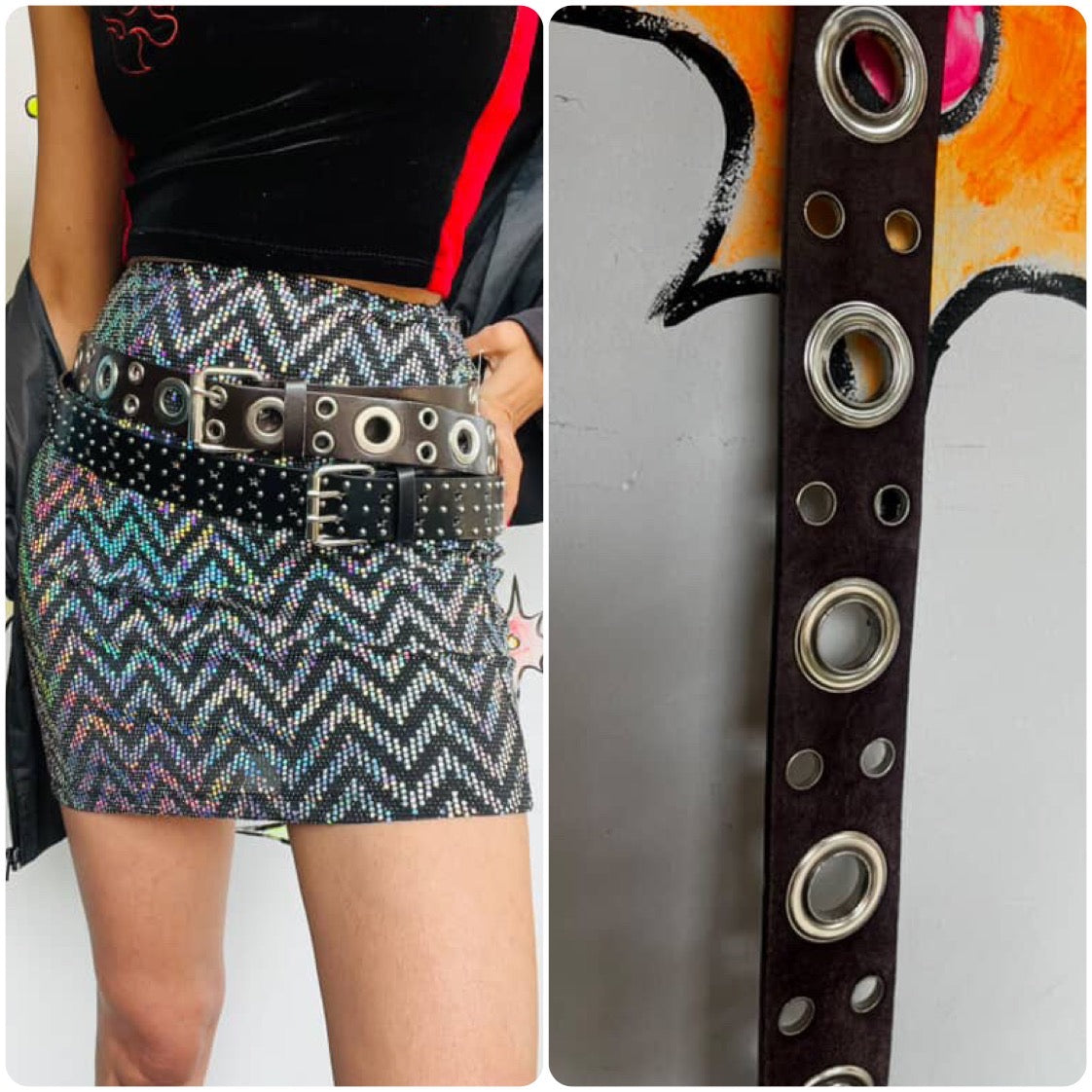 Vintage Y2K Black Vegan Leather Grommet Eyelet Utility Belt Adjustable 42.5"