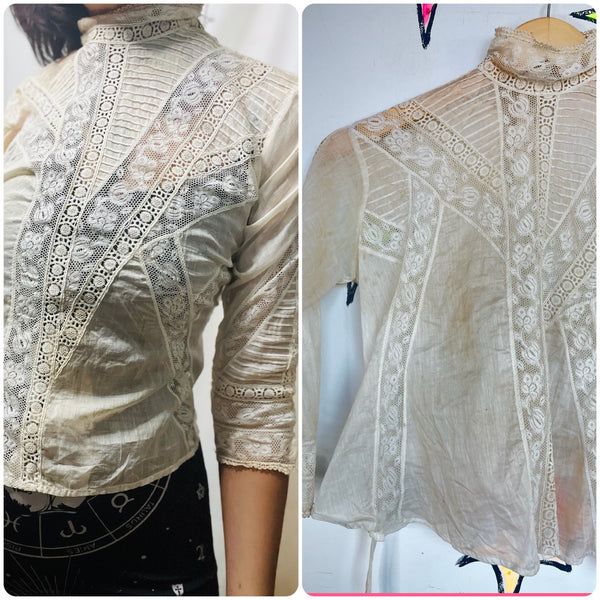 Antique 1900s Off White Sheer Lace Romantic Babydoll Steampunk Top Blouse XS