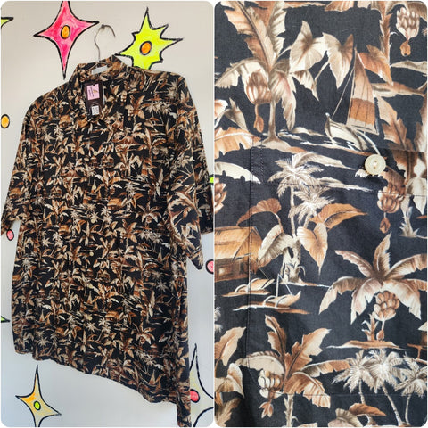 Vintage 90s Party Shirt |Tiki Hawaiian Short Sleeve Shirt | Black | Size L XL