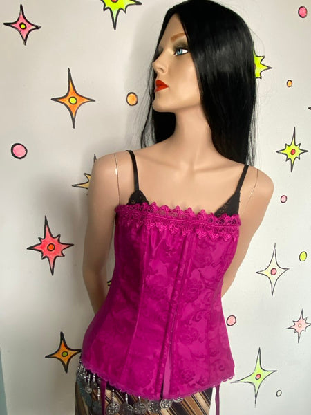 Fredericks of Hollywood Fuchsia Corset Top Y2K Fairy Grunge Damask Babydoll Bustier