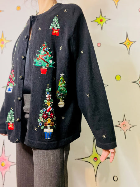 Vintage Embellished 80s 90s Black Ugly Tacky Christmas Sweater Cardigan – XL