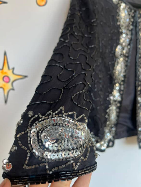 Vintage 80s Black & Silver Sequin Beaded Pirate Glam Rock Party Jacket Size S