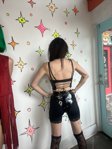 Glossy Black Vinyl Lace Up Teddy Vamp Goth Harness Bodysuit Wet Look S/M