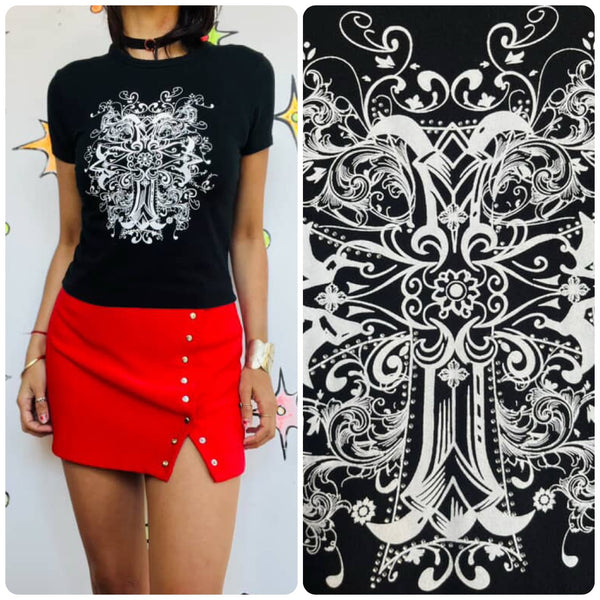 Vintage Y2K | Goth Grunge Fairy Tattoo Print Cross Baby Tee T Shirt | Small