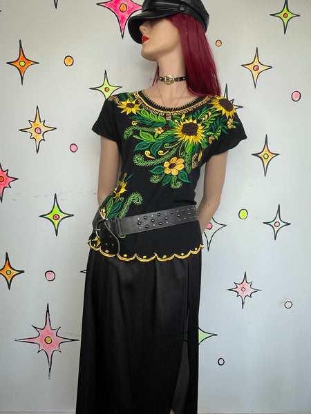 Mexican Embroidered Sunflower Top Black Boho Grunge Whimsigoth L