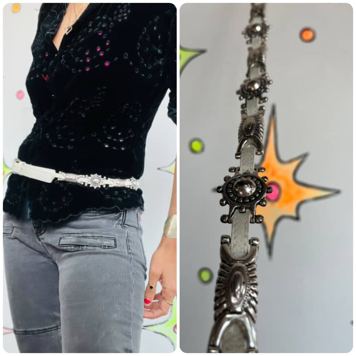 Vintage White Leather Boho Grunge Western Cocho Belt ML