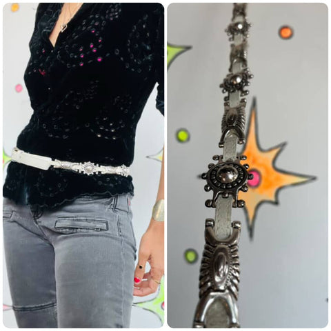 Vintage White Leather Boho Grunge Western Cocho Belt ML