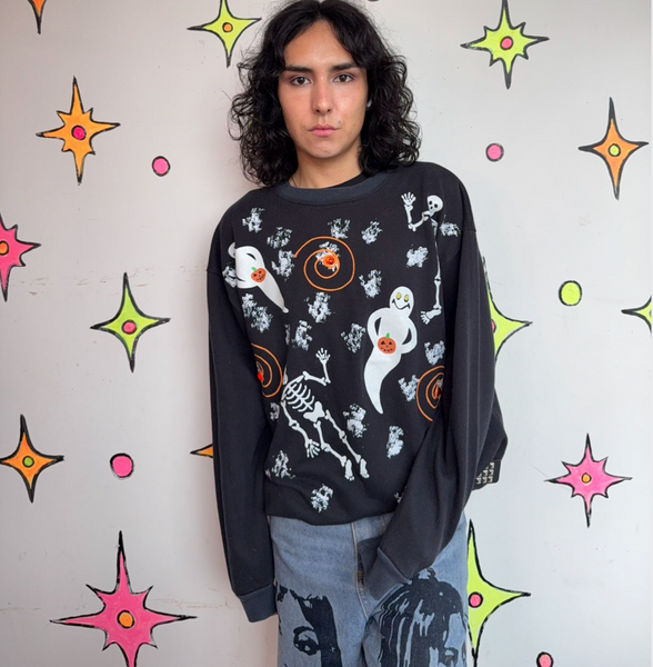 Vintage 80s Halloween Art Ugly Sweater Puffy Paint Sweatshirt Spooky Retro L/XL