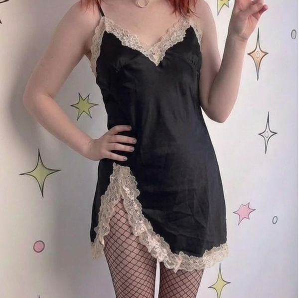 Vintage Black Satin Lace Slip Off White Lace Trim Romantic Goth Lingerie ML