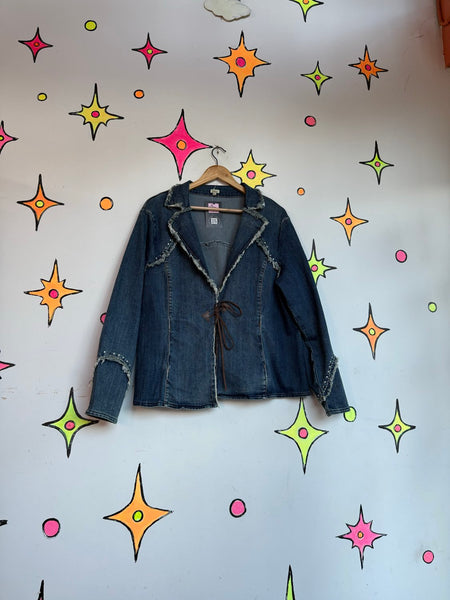 Studded Denim Western Blazer | Frayed Cowgirl Rodeo Jacket Oversized XL