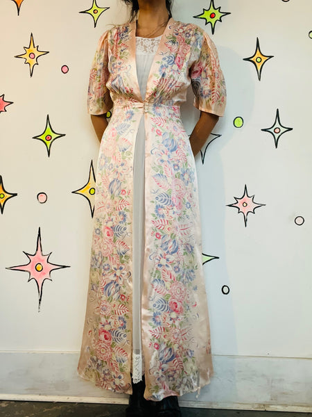 Antique Early 1900s Pink Silk Floral Robe - Rococo Victorian Loungewear - Small