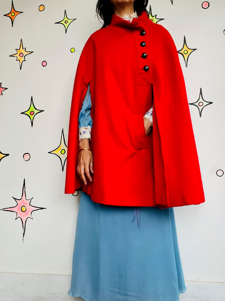 Vintage 60s Cherry Red Cape Coat | Heavy Warm Wool Feel Cloak | Mod Swing Cape