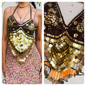 Boho Gypsy Fairy Grunge Beaded Gold Coins Halter Top Show Girl Dance One Size
