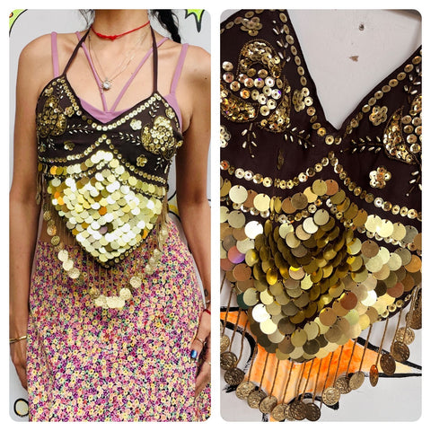 Boho Gypsy Fairy Grunge Beaded Gold Coins Halter Top Show Girl Dance One Size