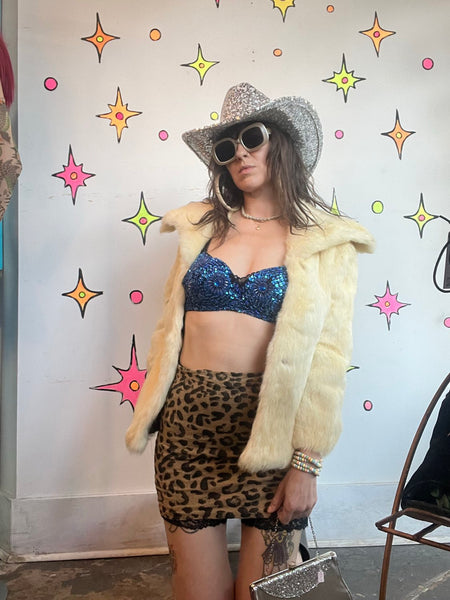Blue Beaded Bra Top | Y2K Festival Mermaid Glam Sequin Bralette S