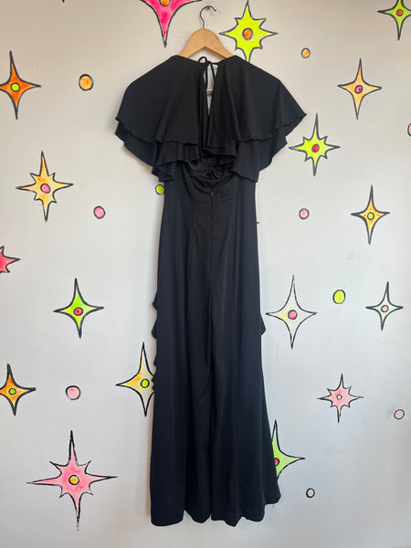Vintage 1970s Black Ruffled Disco Jumpsuit | Glam Flare Party Catsuit | Small