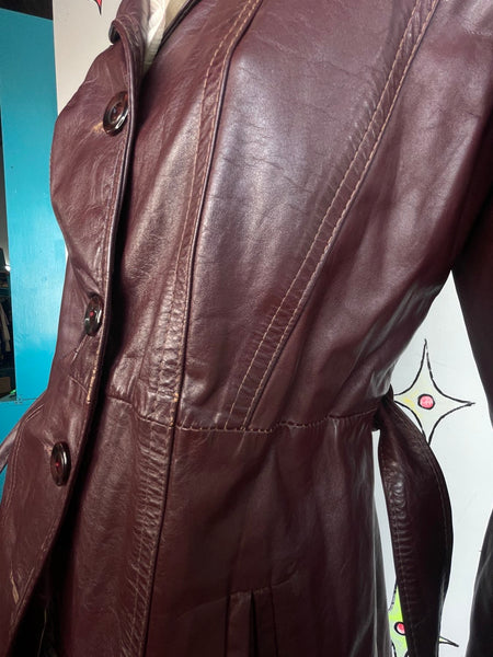 Vintage 70s Cherry Brown Leather Trench Coat Boho Grunge As-Is Distressed M/L