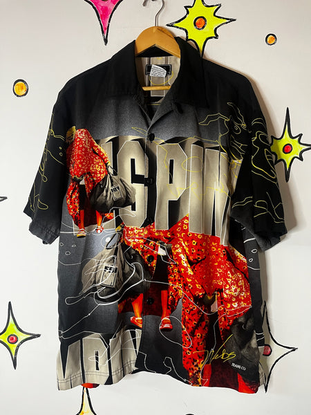 Vintage Urban Collage Print Button Up Street Style Graffiti Art Party Shirt XL