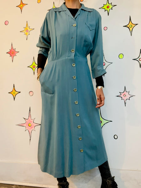 1940s Blue Secretary Dress True Vintage Boho Grunge - Historical Fashion - M L
