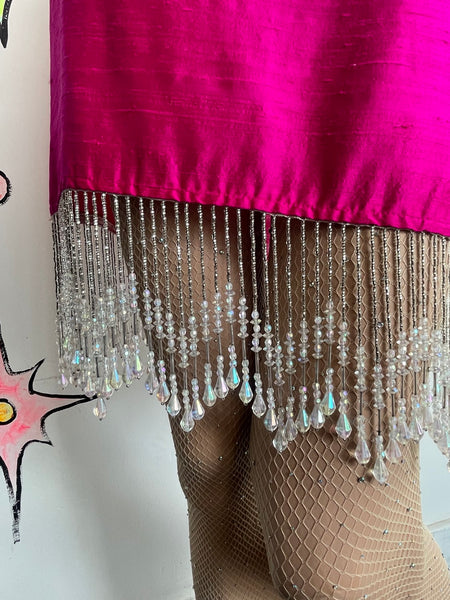 Johanne Beck Silk Luxe Hot Pink Skirt w Iridescent Beaded Fringe Flapper Glam S