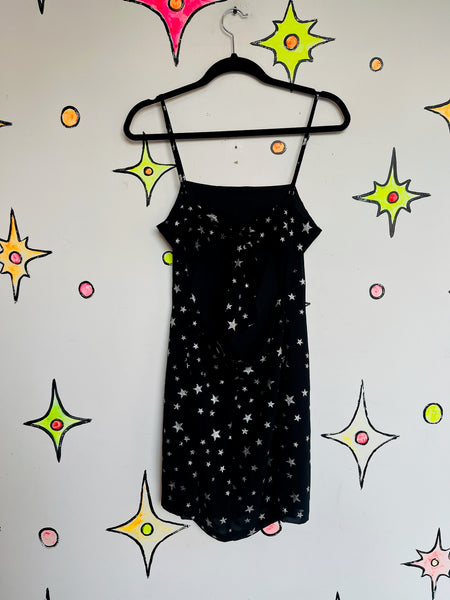 Black Party Dress Silver Stars - Y2K Witchy Fairy Goth Whimsy Celestial - M
