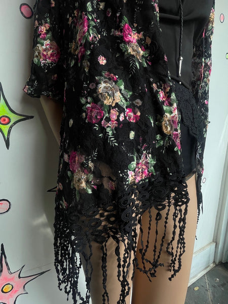 Y2K Black Lace Fringe Top | Whimsy Goth Boho Western Fairy Duster Blouse ML