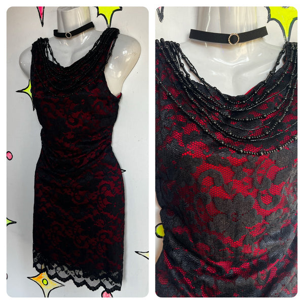 Vintage 90s Y2K | Black Red Lace Fairy Grunge Goth Cowl Neck Slip Dress | L