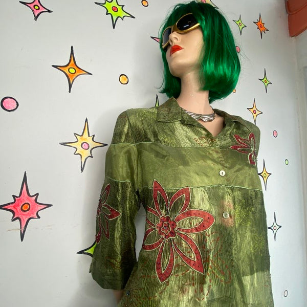Vintage 90s Silk Crinkle Patchwork Beaded Fairy Boho Blouse Alfred Dunner M/L