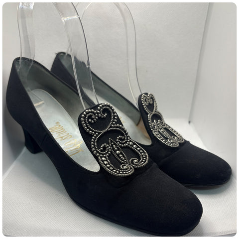 1960s Black Satin Low Heel Loafers – Stud Embellishment– Narrow Fit – Size 6.5/7