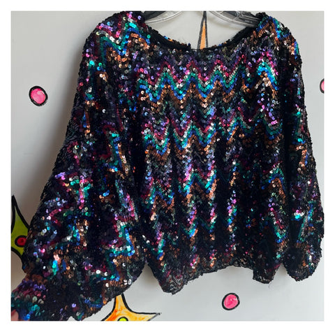 Vintage 70s 80s | Rainbow Sequin Disco Glam Dolman Sleeve Blouse Top | Free Size