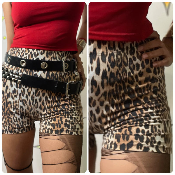 Vintage Leopard Shorts Y2K Grunge 90s Aesthetic High Waist Hot Pants - Small