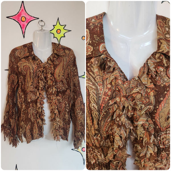 Vintage 90s Y2K | Brown Paisley Flowy Sheer Fairy Grunge Boho Shirt Blouse | L