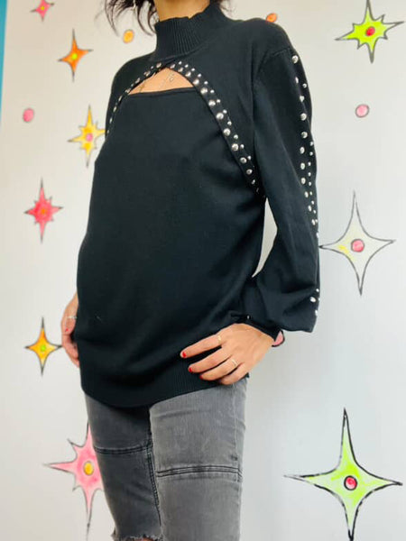 Y2K Indie Sleaze Emo Goth Black Oversized Sweater w/ Studs |. Statement Sleeves