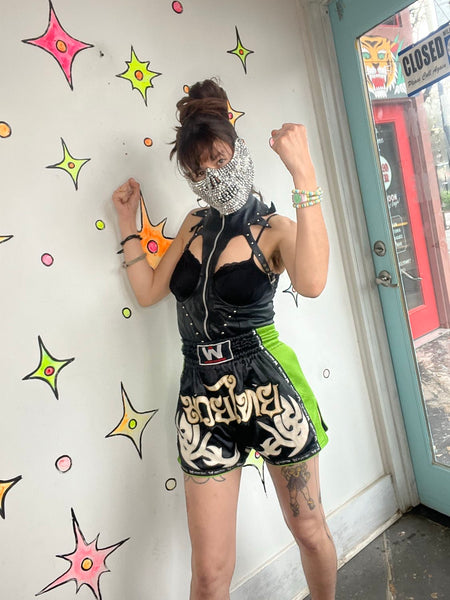 Y2K Indie Sleaze Muay Thai Boxing Shorts | Neon Green Emo Grunge Rave Sporty - S