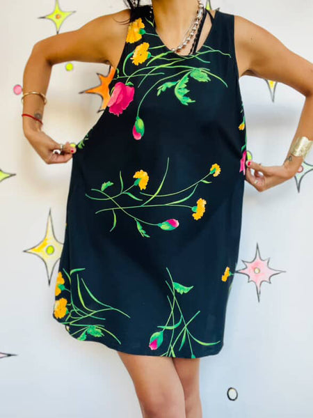 90s Y2K Whimsy Goth Floral Mini Dress – Fairy Grunge Boho Witchcore – S