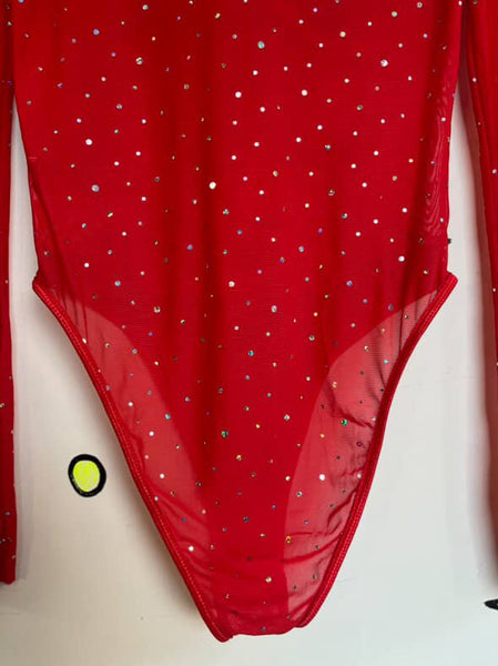Red Devil Goth Teddy Bodysuit ' Sparkly Mesh Long Sleeve Vampire Lingerie