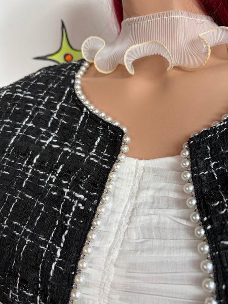 Y2K Tweed Cropped Blazer Black White Faux Pearl Trim Preppy Glam Coquette SM