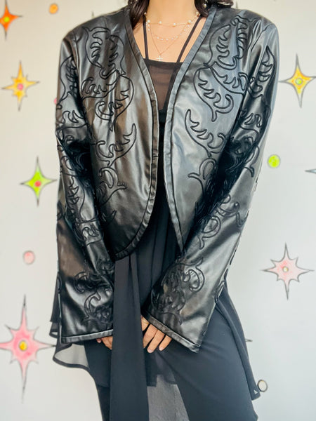 Y2K Vegan Black Faux Leather Jacket Western Embellished Boho Fairy Grunge - XL