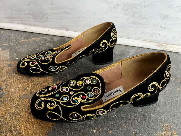 Vintage 80s Rainbow Jeweled Party Loafers - Regal Velvet Statement Pumps - 7.5/8