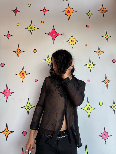 Black Sheer Silk Beaded Blouse Embroidered Evening Top Luxe Glam Whimsigoth XL